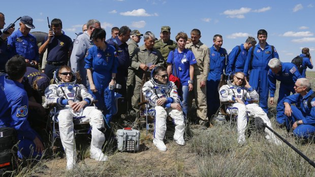 The ISS crew, from left, Tim Peake, Yuri Malenchenko and Tim Kopra.