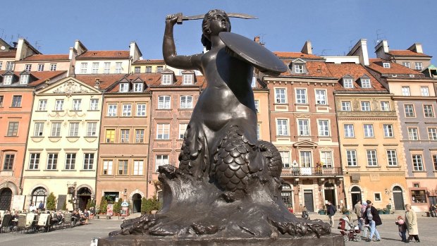 The statue of 'The Mermaid', emblem of the city of Warsaw, at the Warsaw Old Town Market Square. Poland joined the EU in 2004.