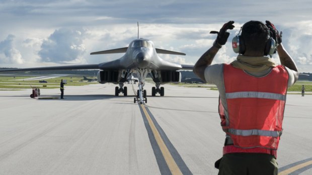 A US Air Force B-1B Lancer arrives at Andersen Air Force Base in Guam.