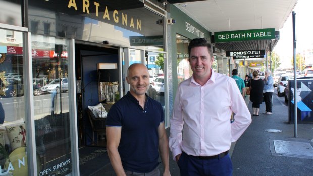 Making connections: Malcolm Ward (right) with Puckle Street trader Roy Habibis.