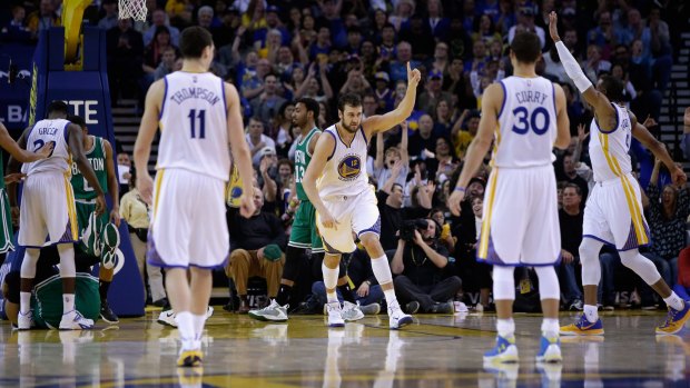 Count it: Golden State Warriors centre Andrew Bogut reacts after he made a basket against the Boston Celtics at ORACLE Arena.