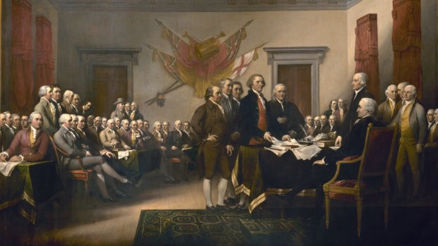This painting depicts the moment on June 28, 1776, when the first draft of the Declaration of Independence was presented to the Second Continental Congress. 