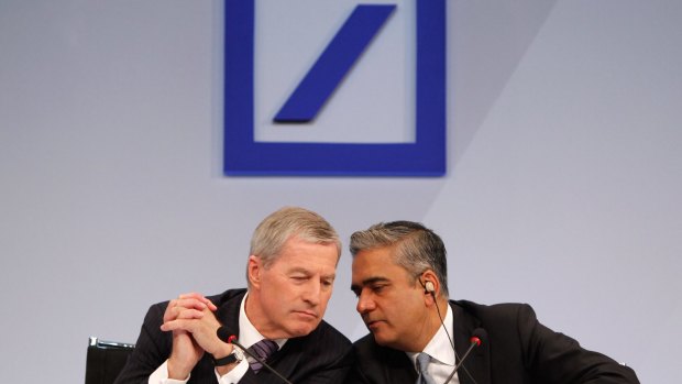 Anshu Jain, right, and Juergen Fitschen, then co-chief executives of Deutsche Bank, during a news conference in Frankfurt in 2013.