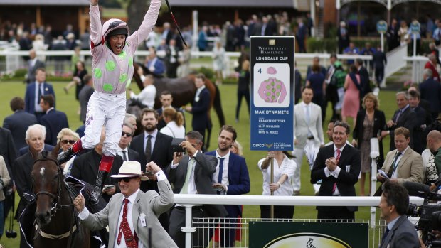 Winner: Frankie Dettori celebrates winning the Lonsdale Cup on Max Dynamite at York.