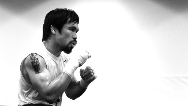 Manny Pacquiao trains in prepation for his fight against Floyd Mayweather.