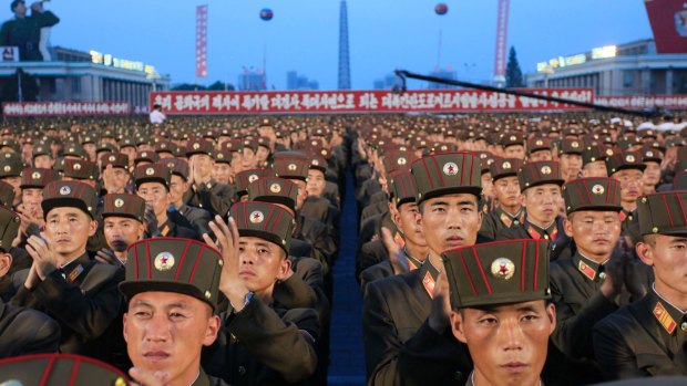 Soldiers gather in Kim Il-sung Square in Pyongyang, North Korea, on Thursday.