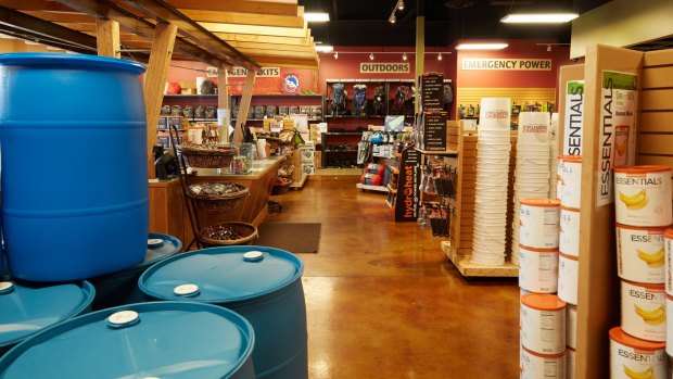 The water storage section at the Emergency Essentials store in Murray, Utah.