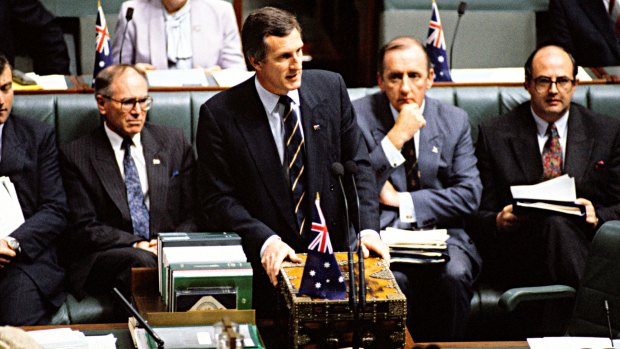 Then opposition leader John Hewson and members of his frontbench during question time on August 18, 1992. 