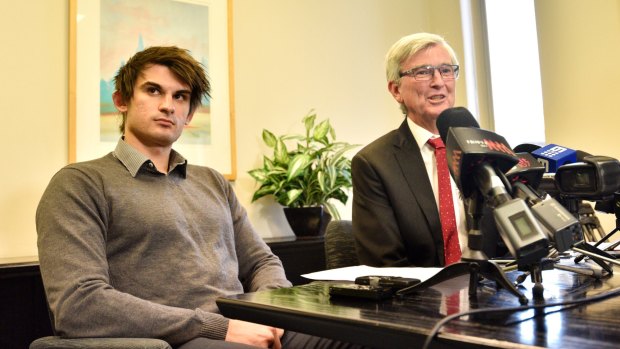 Lawyer Stephen Kenny (right) and Cassandra Sainsbury's fiance Scott Broadbridge (left), at a press conference in Adelaide.