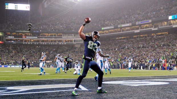 Luke Willson of the Seattle Seahawks celebrates after scoring a 25 yard touchdown.