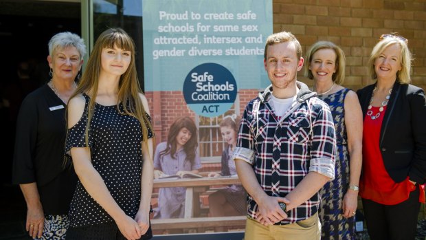 (Back) Principal Colleen Matheson, education and training directorate ACT director general Diane Joseph and Foundation for Young Australians chief executive Jan Owen with (front) students Jett Byrne-Simic, 17, and Alex Sanderson, 16, at the launch of the Safe Schools Coalition ACT at Lyneham High School.