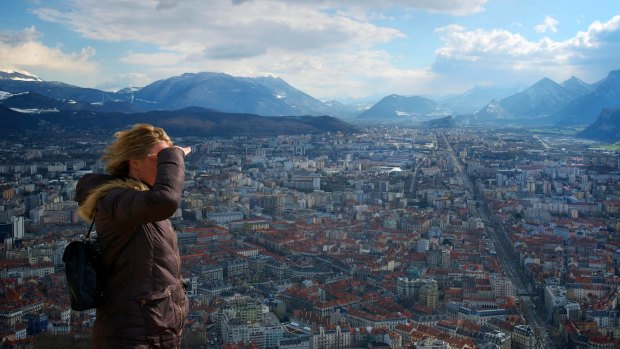View over Grenoble from the summit of La Bastille cable car. 