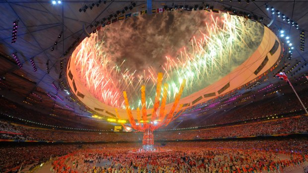 Fireworks explode during the closing ceremony of the 2008 Beijing Olympics at the National Stadium in China. 