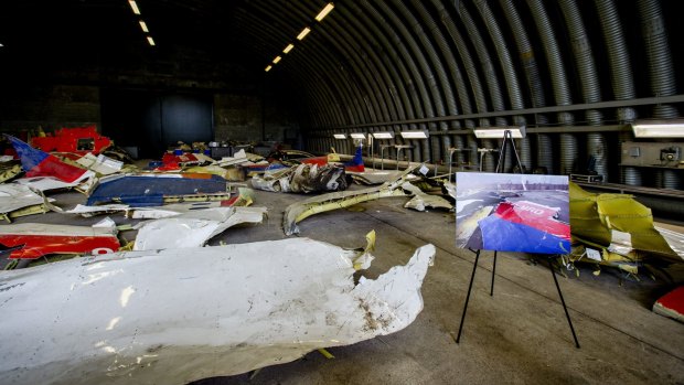 Wreckage of the Malaysia Airlines flight MH17, which was shot down over Ukraine in July 2014, is laid out in a hangar on Gilze-Rijen airbase in the southern Netherlands.
