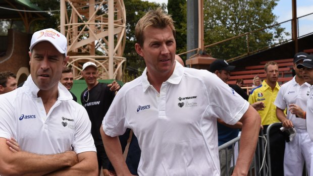 Turf battle: Former Australian fast bowler Brett Lee, who has criticised Australia's flat pitches, with old teammate Michael Bevan at a charity match at North Sydney Oval on Thursday.
