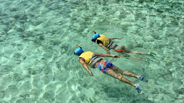 Guests snorkel off a beach near the Holiday Inn Kanduma Fushi island in the Maldives.