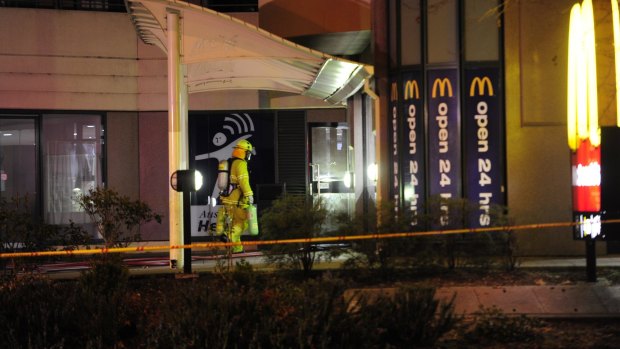 ACT Emergency Services and ACT Policing at the scene of a gas explosion at the McDonald's restaurant on Cooyong Street and Mort Street Braddon. 
