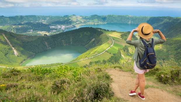 The Lagoa das Sete Cidades, which actually consists of twin lakes: one called Azul (blue), the other Verde (green).