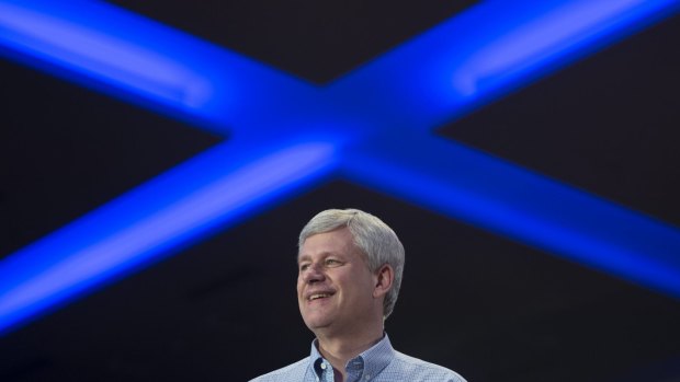 Canadian Prime Minister Stephen Harper  addresses a campaign rally in Toronto on Saturday.