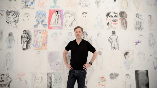 Humorous take: David Shrigley with his life drawings at the National Gallery of Victoria.