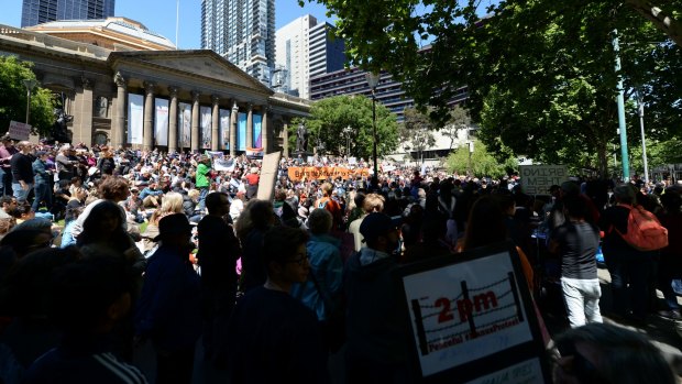 Several thousand protesters gathered outside the State Library of Victoria on Saturday afternoon.