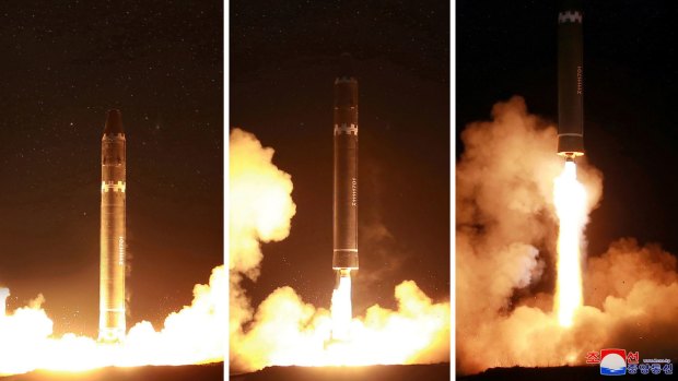 Unverified images provided by the North Korean government of the Hwasong-15 intercontinental ballistic missile test.