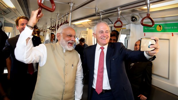 Australian Prime Minister Malcolm Turnbull and Indian Prime Minister Narendra Modi travelled on the Delhi Metro Blue Line in New Delhi, India on Monday.