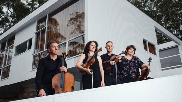 The Goldner Quartet, Julian Smiles, Dimity Hall, Dene Olding and Irina Morozova at the Rose Seidler House in Wahroonga.