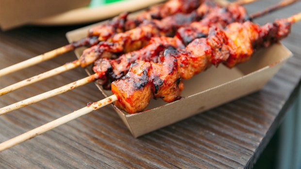 Pork belly skewers with banana ketchup glaze from Hoy Pinoy.