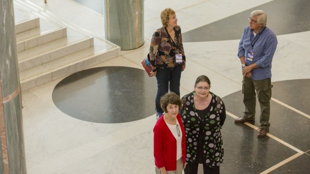 Department of Parliamentary Services heritage expert Robyn Stewart, front at right, will lead new tours of Parliament House. With her are, from left, Ilse Wurst and visitors Heather Belton and David Hurford.