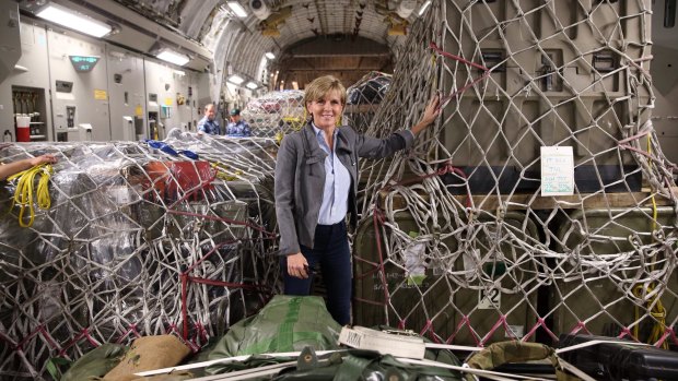 Foreign Affairs Minister Julie Bishop with Australian aid supplies bound for Vanuatu earlier this year.