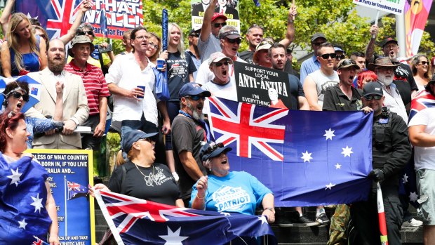Protesters at a Reclaim Australia Rally in Martin Place, Sydney. 