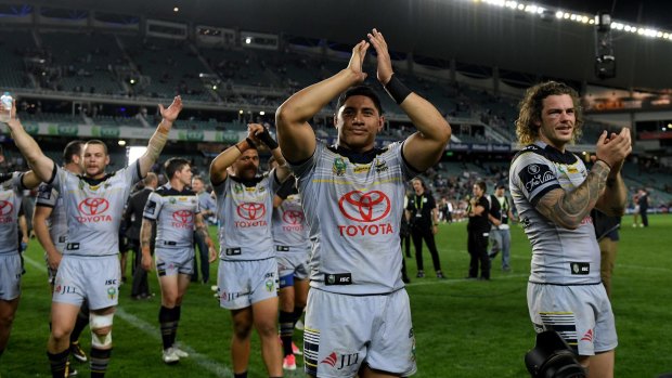 Fairytale story: The Cowboys celebrate reaching the grand final after beating the Roosters.