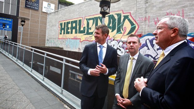  NSW Premier Mike Baird, the member for Coogee, Bruce Notley-Smith,  and Attorney General Brad Hazzard in some of the not so pretty parts of Bondi Junction.