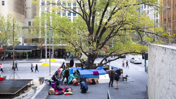 The homeless camp set up at the corner of Swanston and Collins street last month. 