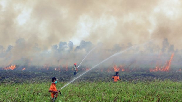Firemen contain a fire in Ogan Ilir, South Sumatra.