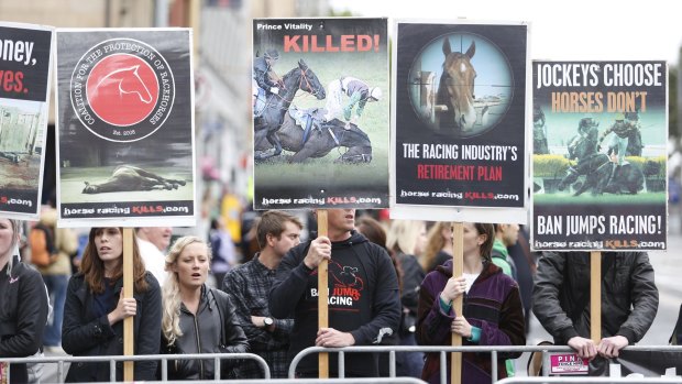 Protesters at the Melbourne Cup parade on Monday. 