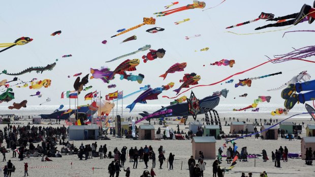 Kites fly in the sky during the 31st International Kite Festival in Berck, northern France, Thursday, April 6, 2017. The International Kite Festival is organized in Berck-sur-Mer every April and lasts for 10 days. (AP Photo/Thibault Camus)