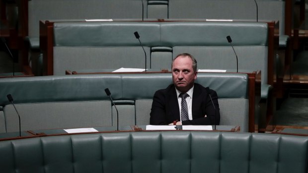 Former Deputy Prime Minister Barnaby Joyce sits on the backbench during debate in the House of Representatives at Parliament House in Canberra on Tuesday 27 February 2018. fedpol Photo: Alex Ellinghausen