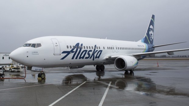 An Alaska Airlines jet on the tarmac at Seattle-Tacoma International Airport in Seattle, Washington.