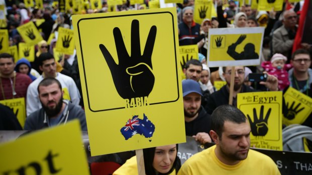 Australian community groups protest the massacre at the Rabaa al-Adawiya mosque in Cairo in August 2013.