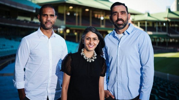 Go Foundation chief executive Shirley Chowdhary with co-founders Adam Goodes (right) and Michael O'Loughlin.