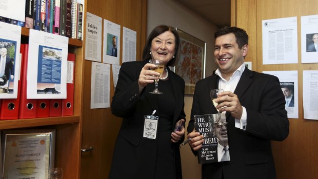 Authors Kate McClymont and Linton Besser in Eddie Obeid's old office at Parliament House at the launch of their book.