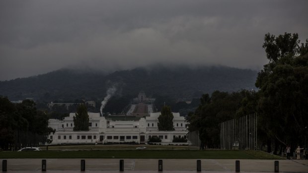 Fog and rain clouds over Canberra.