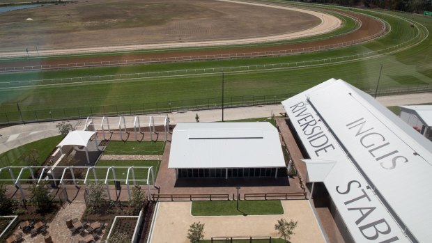 View of the complex and track from the rooftop pool at the new Inglis Riverside Stables and hotel.