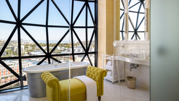 A penthouse bathroom at The Silo Hotel. 