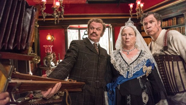 Watson (John C. Reilly), Queen Victoria (Pam Ferris) and Sherlock Holmes (Will Ferrell) in Holmes and Watson.