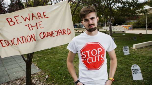 ANU Students' Association president James Connolly protesting uni cuts in 2016.