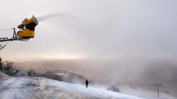 Snowmakers began pumping out snow at Perisher Wednesday morning. 