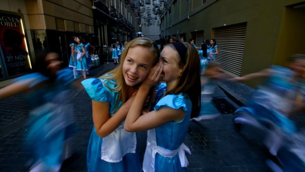 Adventures in the city: Maddy Long (left) and Maya Felice, two of the year 6 students from MLC School who  were inspired by Lewis Carroll’s classic tale. 